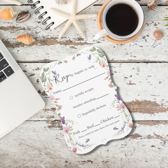 Cartão RSVP de Casamento de Fronteira de Flores Se (Soft blush and lavender wildflowers frame this romantic RSVP card, perfect for garden weddings.)