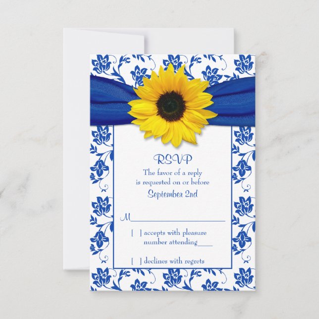 Cartão RSVP de Casamento de Girassol Blue Damask (Frente)