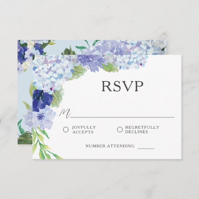 Cartão RSVP de Casamento de Hydrangea Azul (Frente/Verso)