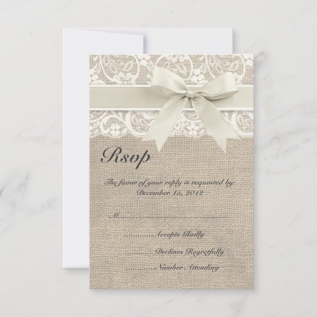 Cartão RSVP de Casamento de Ivory Lace e Burlap (Frente)