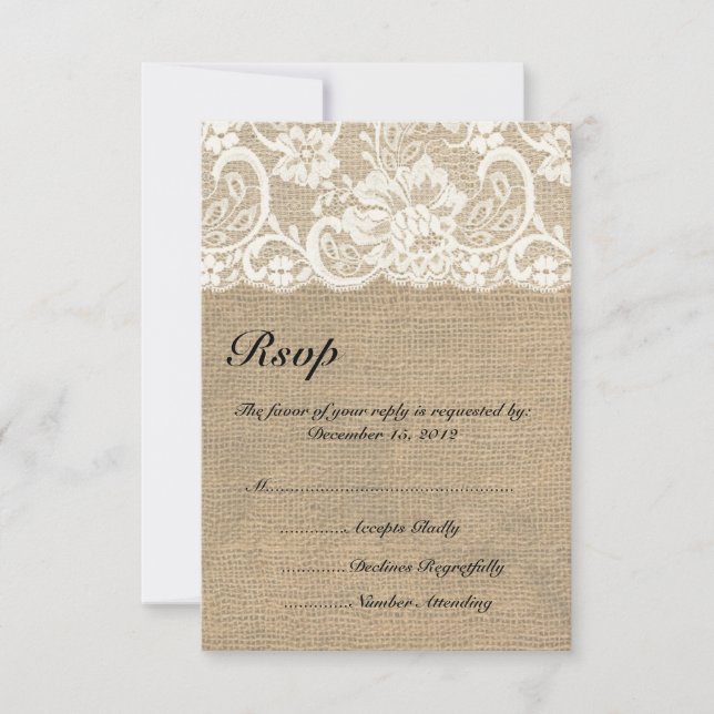 Cartão RSVP de Casamento de Ivory Lace e Burlap Qu (Frente)