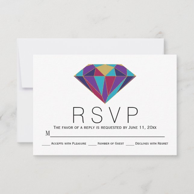 Cartão RSVP de casamento de joia de diamante geomé (Frente)