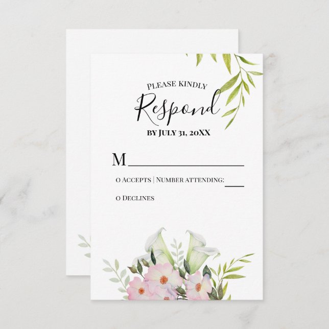 Cartão RSVP de Casamento de Lírios Calla Branco de (Frente/Verso)
