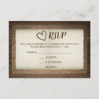 Cartão RSVP de Casamento de Madeira, Burlap e Twin