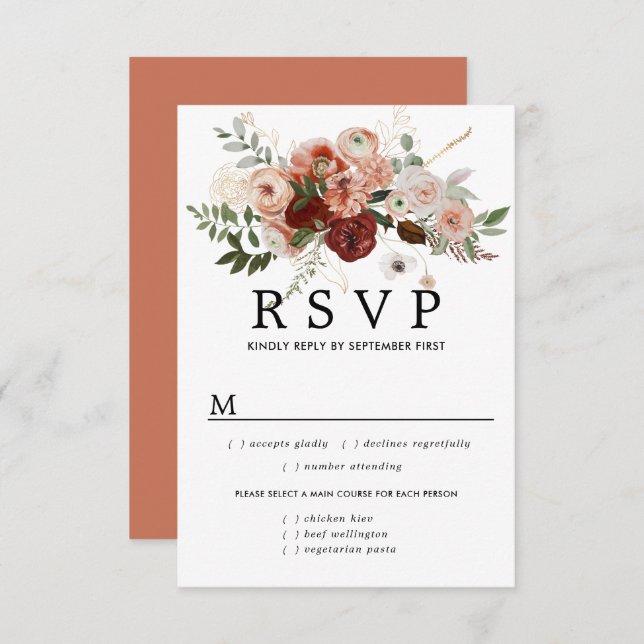 Cartão RSVP de Casamento de Marsala Terrocotta, Op (Frente/Verso)