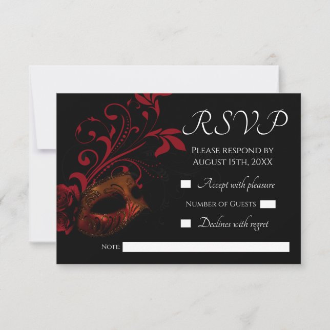 Cartão RSVP de Casamento de Máscara Floral Vermelh (Frente)