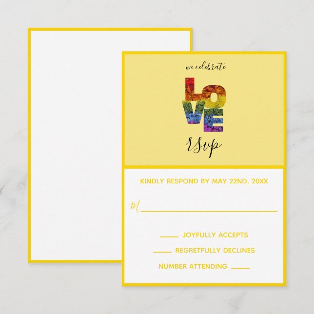 Cartão RSVP de Casamento de Mesmo Sexo Amarelo AMO (Frente/Verso)