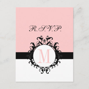 Cartão RSVP de Casamento de Monograma de Damasco F