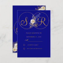 Cartão RSVP de Casamento de Monograma Dourado Azul