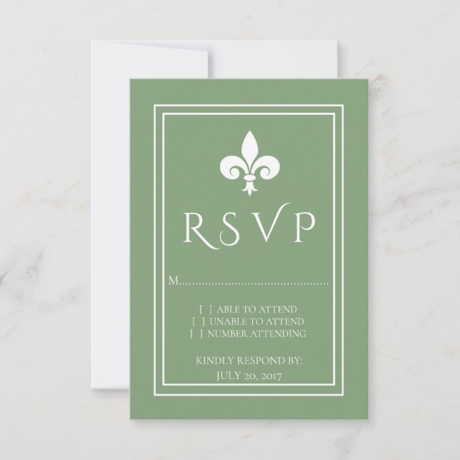 Cartão RSVP de Casamento de Moss Green Fleur de Li (Frente)