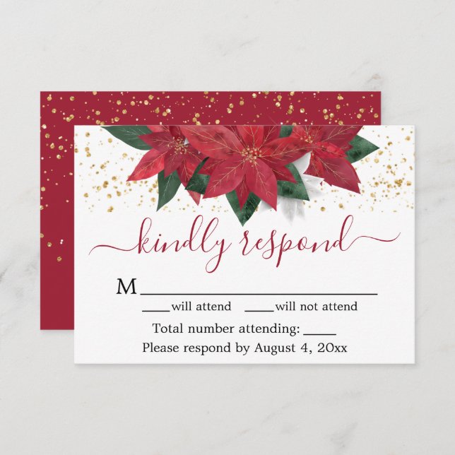 Cartão RSVP de Casamento de Natal de Poinsettia (Frente/Verso)