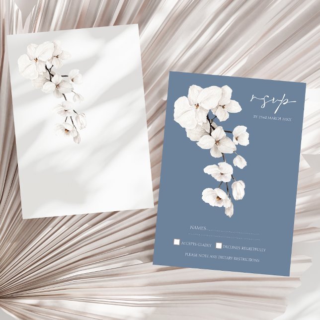 Cartão RSVP de Casamento de Orquídea Azul Dusty (Modern Dusty Blue Orchids Floral Wedding RSVP Card)