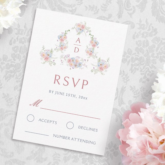 Cartão RSVP de Casamento de Pastel Peonies Monogra (Criador carregado)