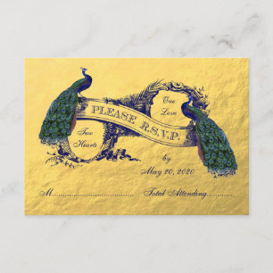 Cartão RSVP de Casamento de Peacock Dourado