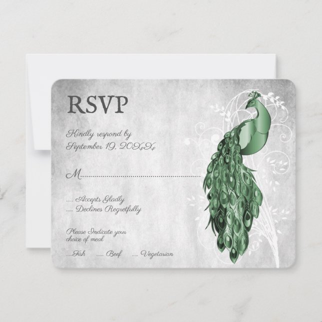 Cartão RSVP de Casamento de Peacock Verde Emerald (Frente)