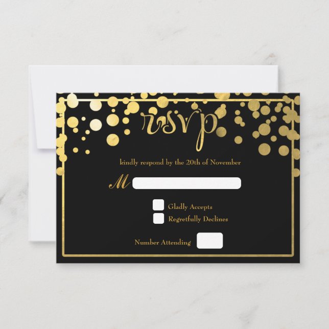 Cartão RSVP de Casamento de Pontos de Foil Gold Co (Frente)
