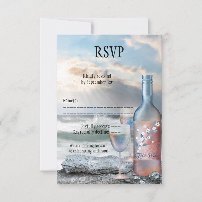 Cartão RSVP de Casamento de Praia e Vinho (Frente)