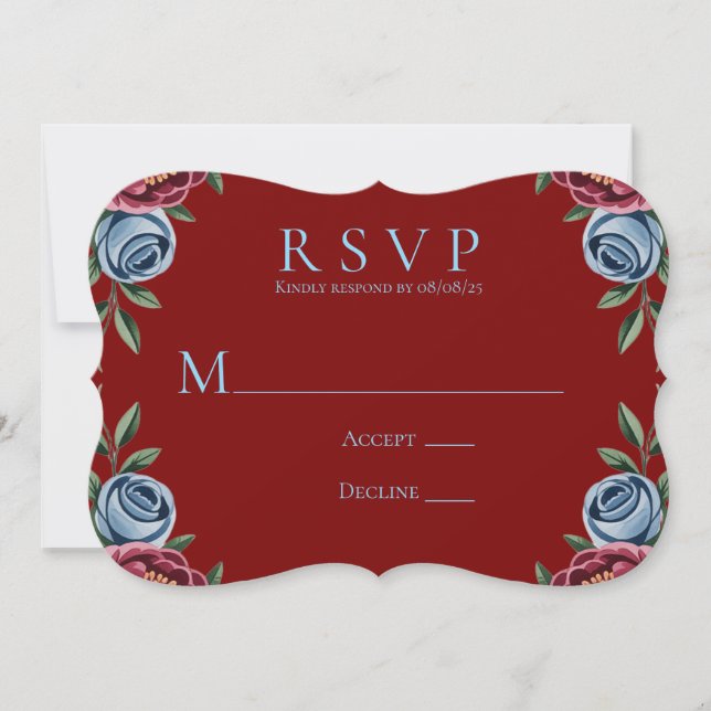 Cartão RSVP de Casamento de Rosa Azul e Peony Burg (Frente)