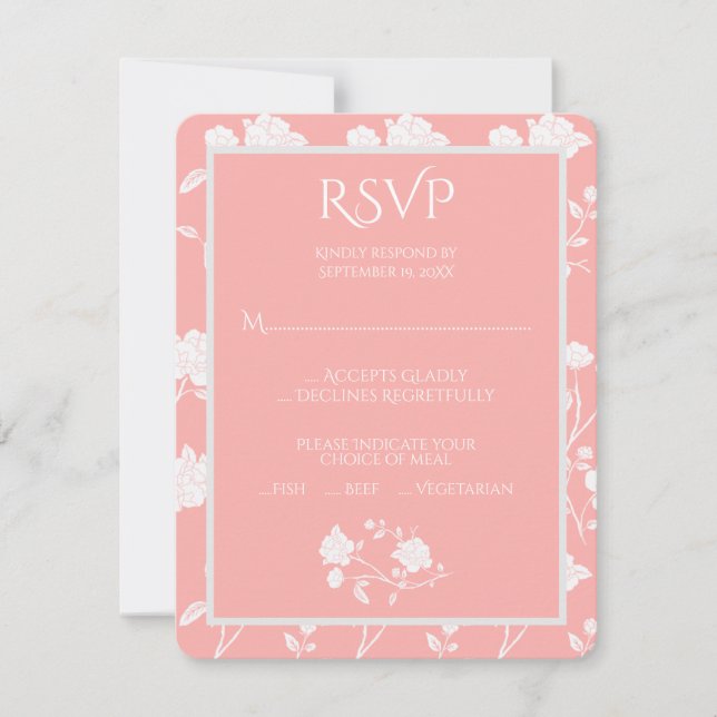 Cartão RSVP de Casamento de Rosa Coral (Frente)