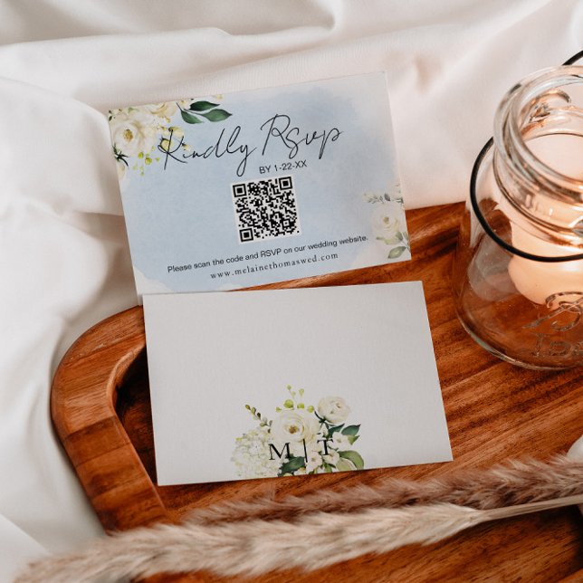 Cartão RSVP de Casamento de Rosa Rosa Branco Azul (Criador carregado)
