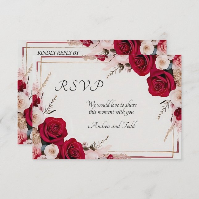 Cartão RSVP de casamento de rosa vermelha d'água (Frente/Verso)