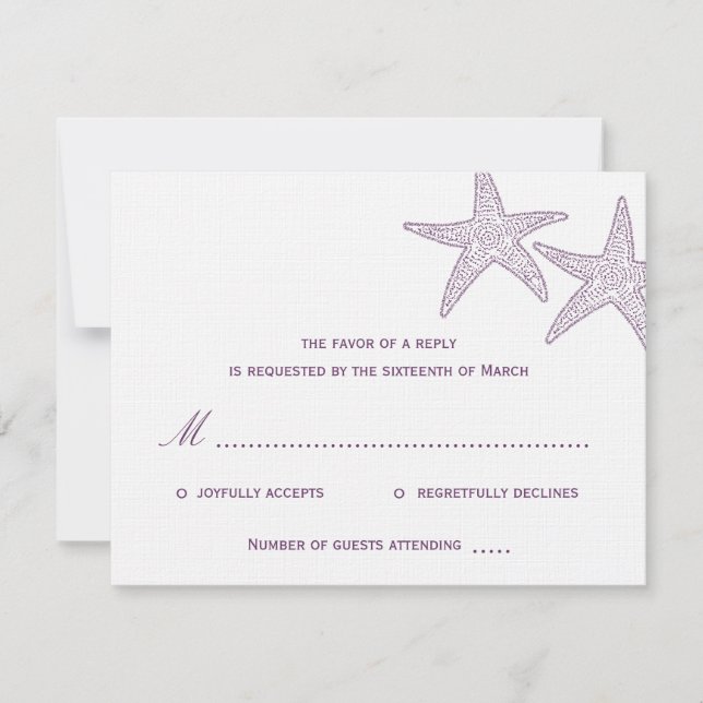 Cartão RSVP de Casamento de Starfish - Roxo (Frente)