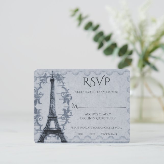 Cartão RSVP de Casamento de Torre Eiffel Azul (Em pé/Frente)