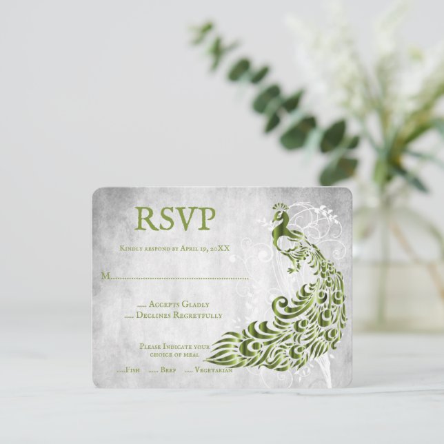 Cartão RSVP de Casamento de Vinha de Pavão Verde (Em pé/Frente)