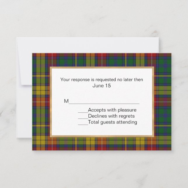 Cartão RSVP de Casamento de Xadrez Buchanan Tartan (Frente)