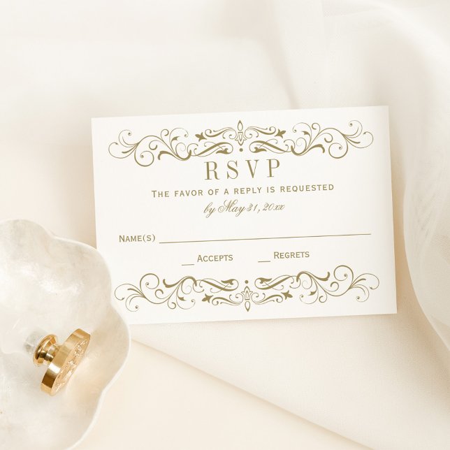 Cartão RSVP de Casamento Dourado Antiquado Vintage (Criador carregado)