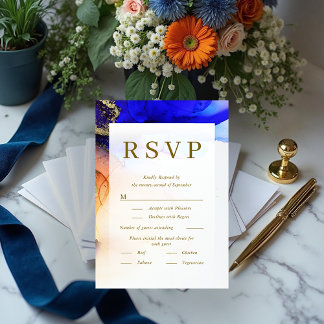 Cartão RSVP de Casamento Dourado Azul Cor-de-laran