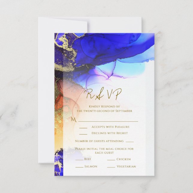 Cartão RSVP de Casamento Dourado Azul Laranja Únic (Frente)