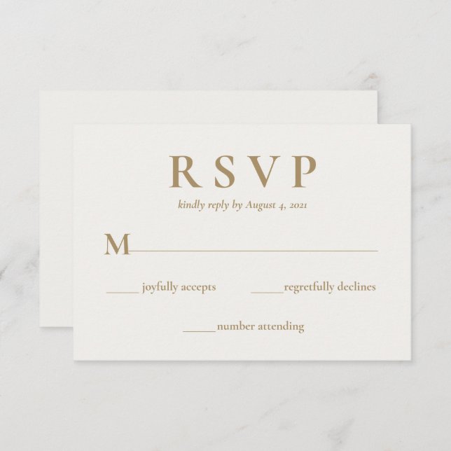 Cartão RSVP de Casamento Dourado de Creme Elegante (Frente/Verso)
