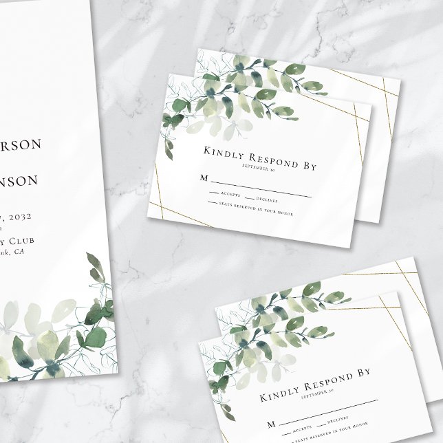 Cartão RSVP de Casamento Dourado Eucalyptus (Criador carregado)