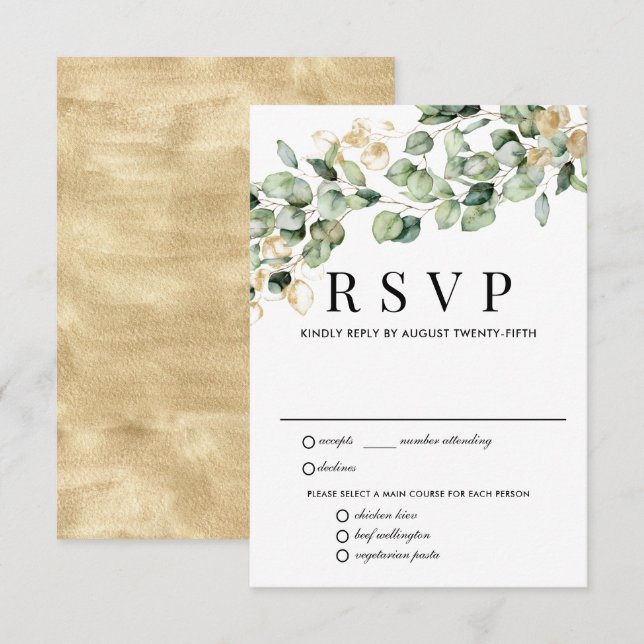 Cartão RSVP de Casamento Dourado Eucalyptus, Opçõe (Frente/Verso)