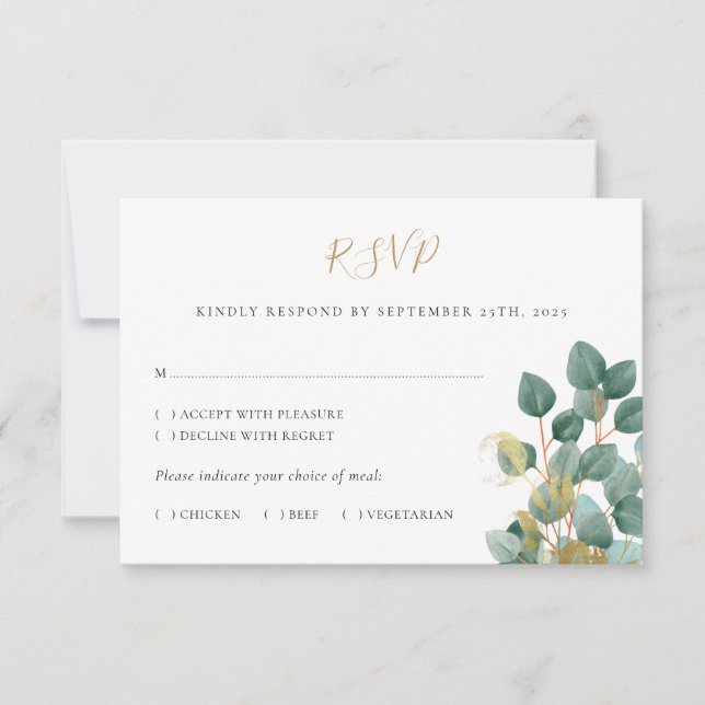 Cartão RSVP de Casamento Dourado Eucalyptus Waterc (Frente)