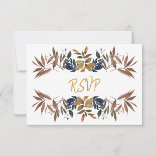 Cartão RSVP de Casamento Dourado Foliage Azul Beig