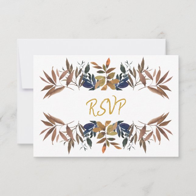Cartão RSVP de Casamento Dourado Foliage Azul Beig (Frente)