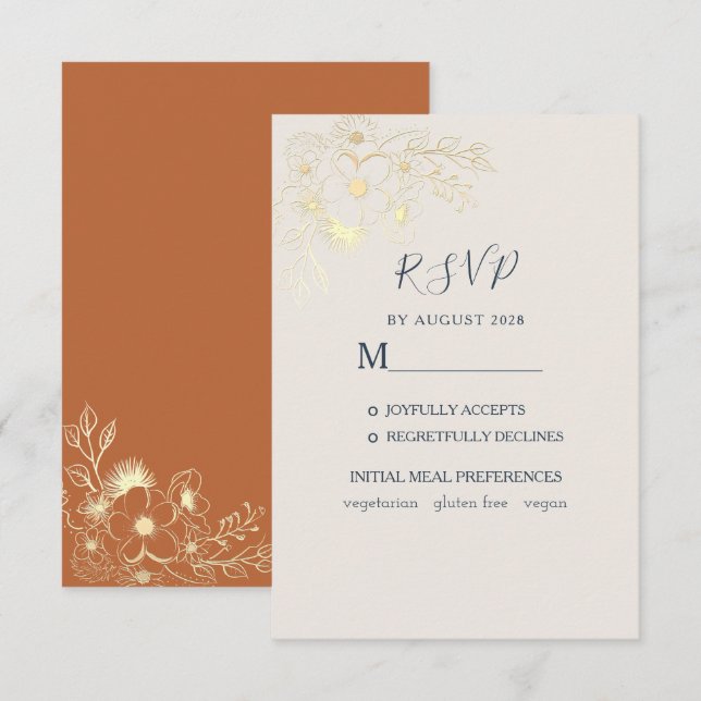 Cartão RSVP de Casamento Dourado Gilded Floral (Frente/Verso)