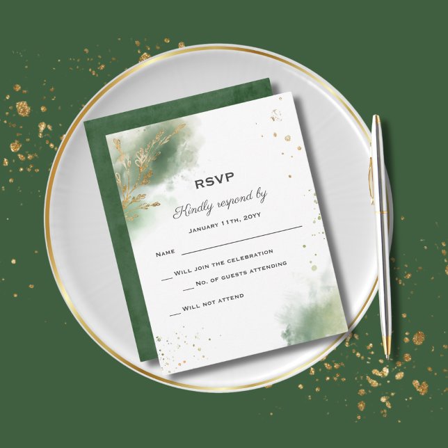 Cartão RSVP de Casamento Dourado Verde Chic Moss (Criador carregado)