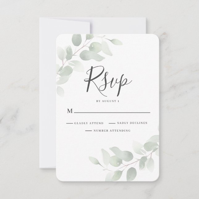 Cartão RSVP de Casamento Elegante Eucalyptus Green (Frente)