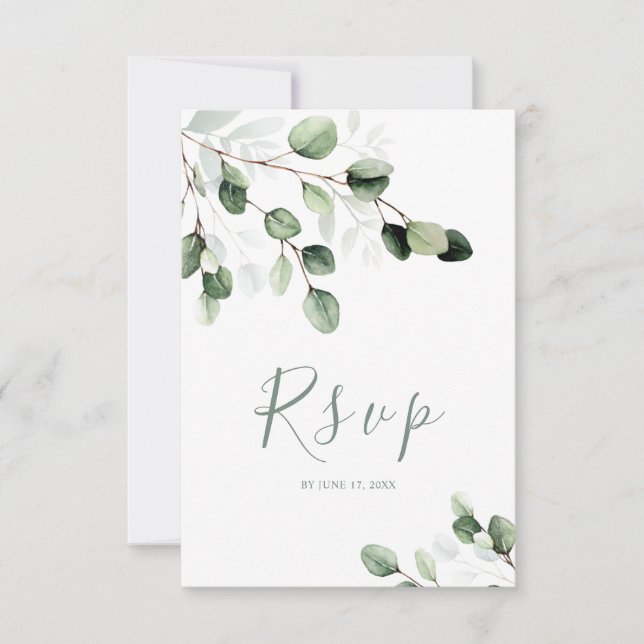 Cartão RSVP de Casamento Eucalyptus Elegante Green (Frente)