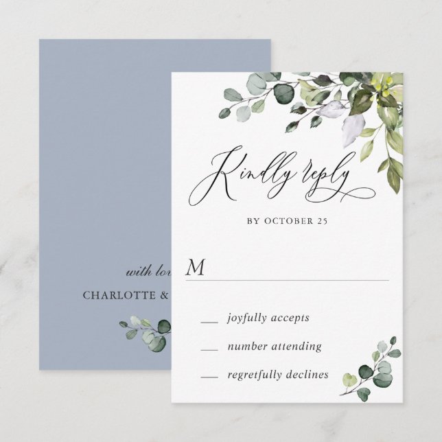 Cartão RSVP de Casamento Eucalyptus Greenery Water (Frente/Verso)