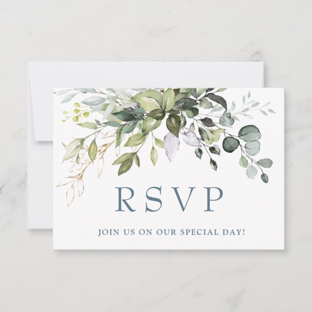 Cartão RSVP de Casamento Eucalyptus Greenery Water (Frente)