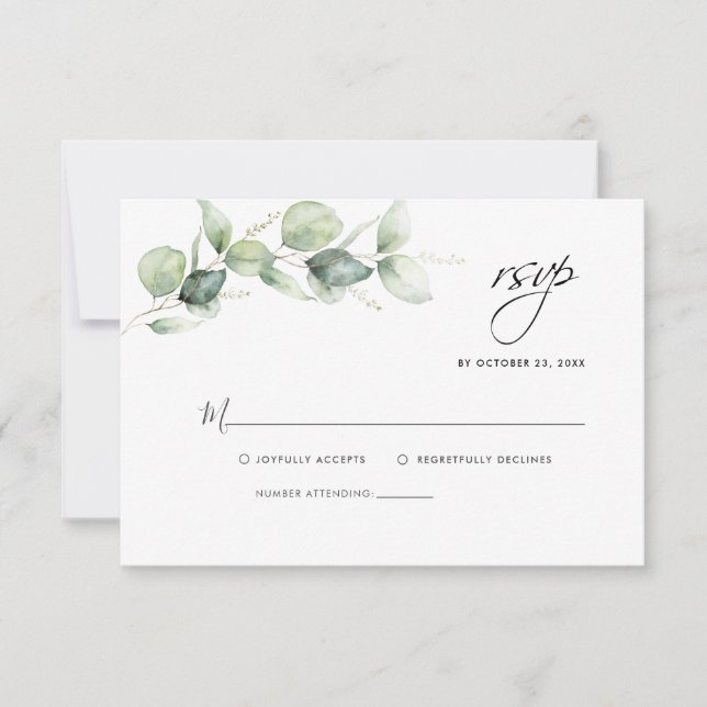 Cartão RSVP de Casamento Eucalyptus Greenery Water (Frente)
