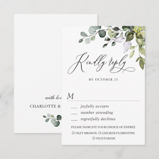 Cartão RSVP de Casamento Eucalyptus Greenery Water (Frente/Verso)