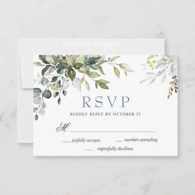 Cartão RSVP de Casamento Eucalyptus Greenery Water (Frente)