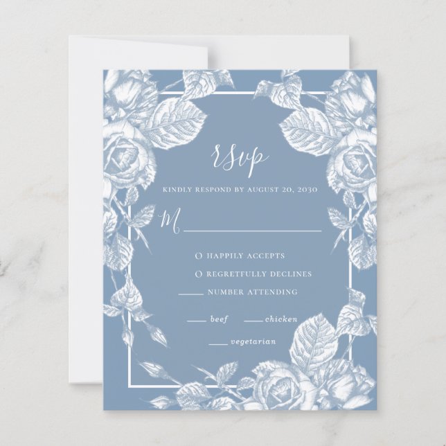 Cartão RSVP de Casamento Floral Azul Dusty (Frente)