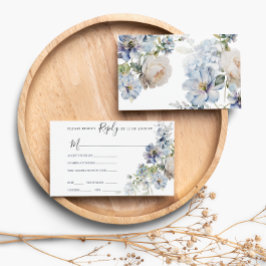 Cartão RSVP de Casamento Floral Azul e Branco