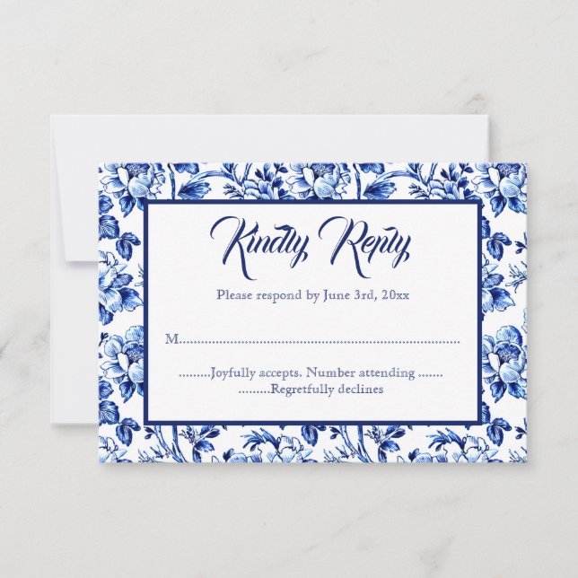 Cartão RSVP de Casamento Floral Azul e Branco (Frente)